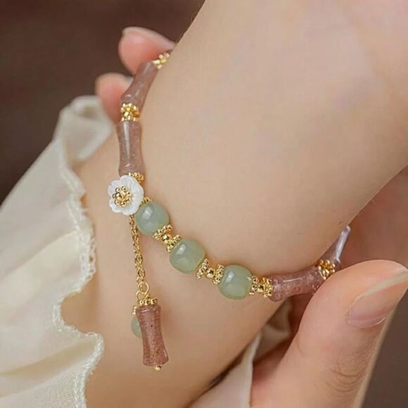 Lotus Flower Purple Green Beaded Charm Bracelet Adjustable Colorful Tassel - Picture 3 of 5